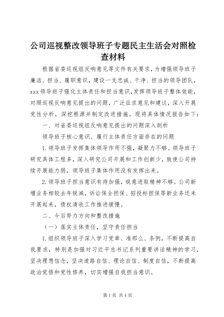 2023年公司巡视整改领导班子专题民主生活会对照检查材料.docx_第1页