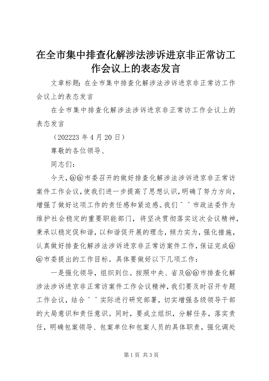 2023年在全市集中排查化解涉法涉诉进京非正常访工作会议上的表态讲话.docx_第1页