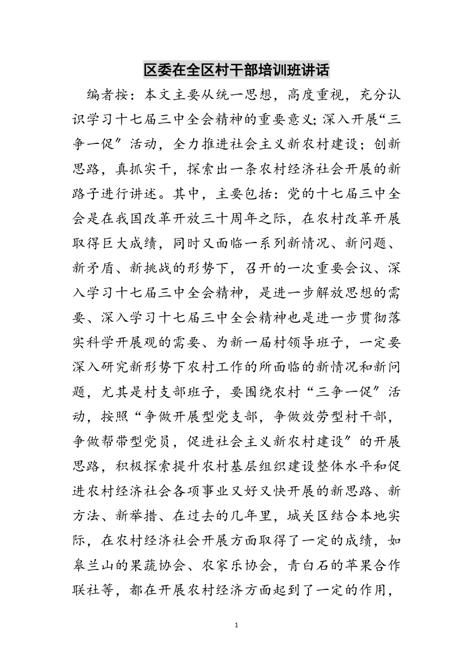 2023年区委在全区村干部培训班讲话范文.doc_第1页