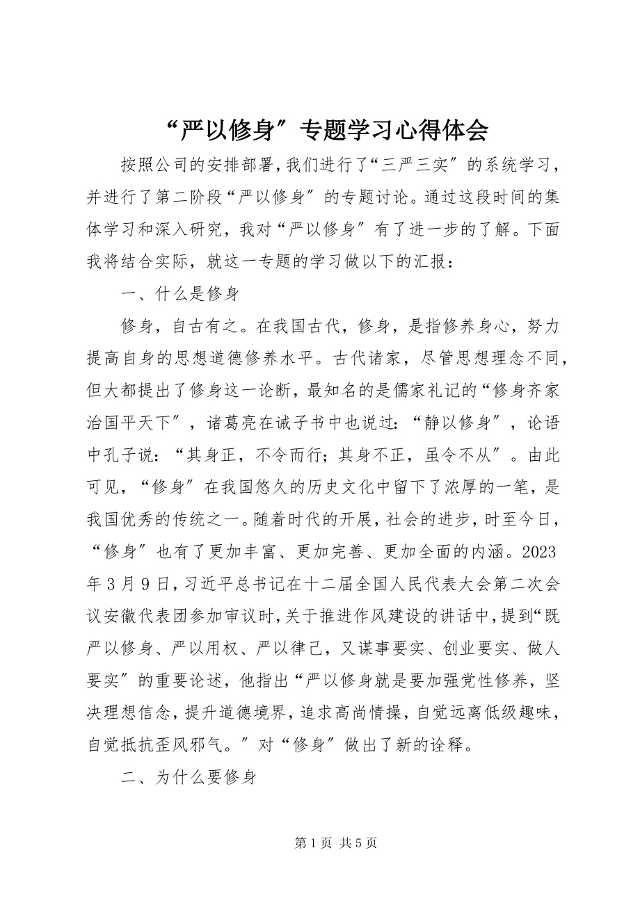 2023年“严以修身”专题学习心得体会新编.docx_第1页