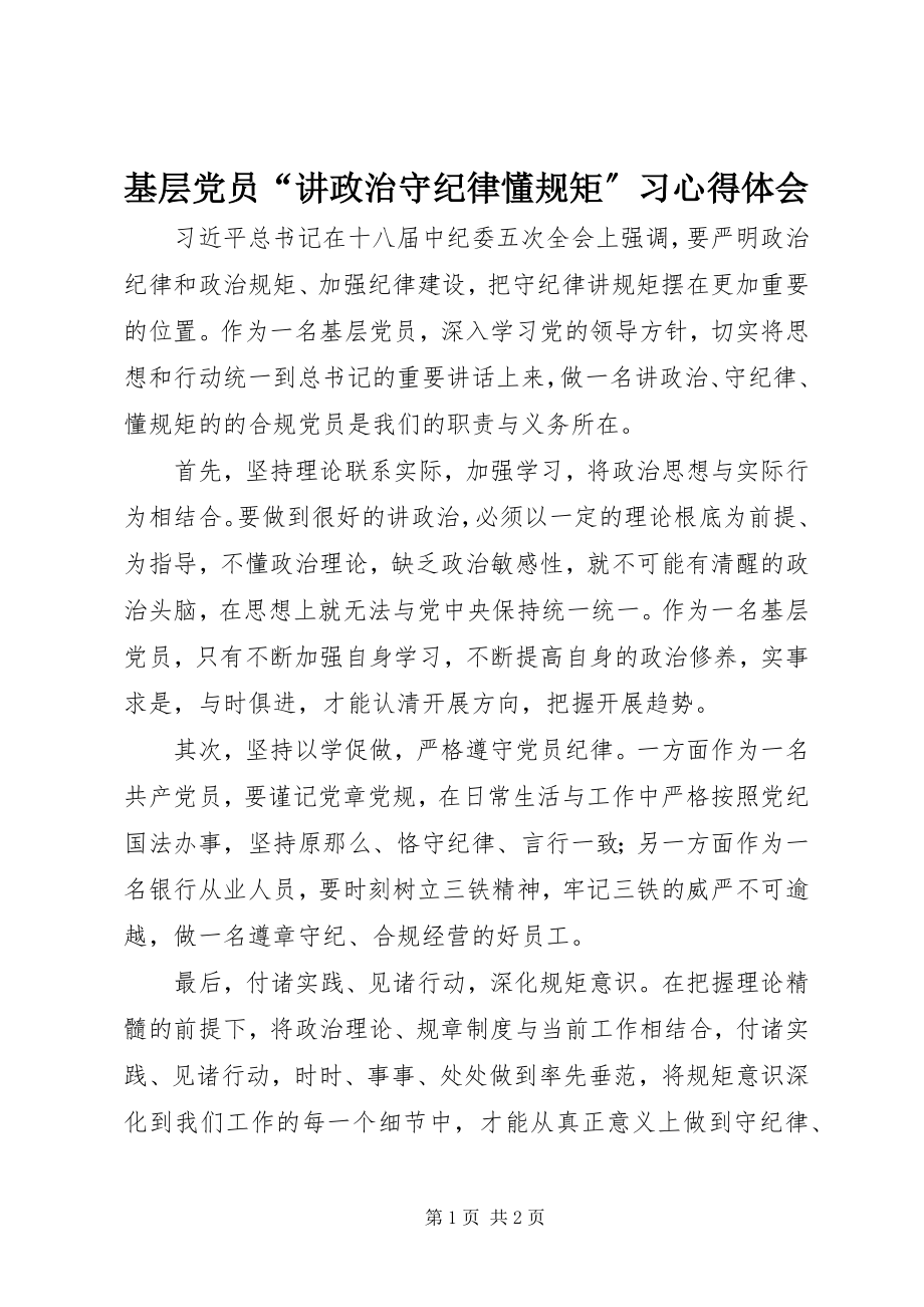 2023年基层党员“讲政治守纪律懂规矩”习心得体会.docx_第1页