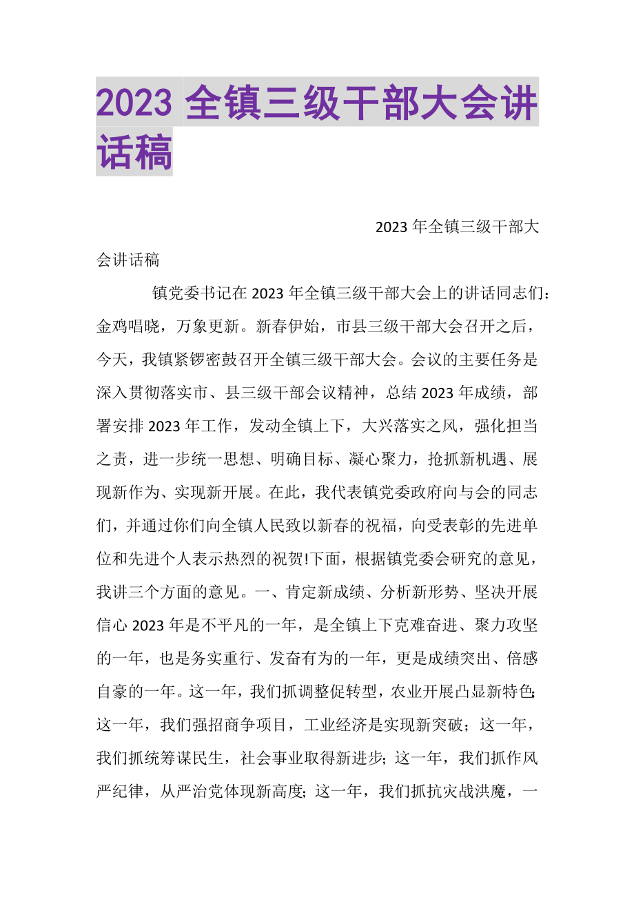 2023年全镇三级干部大会讲话稿2.doc_第1页