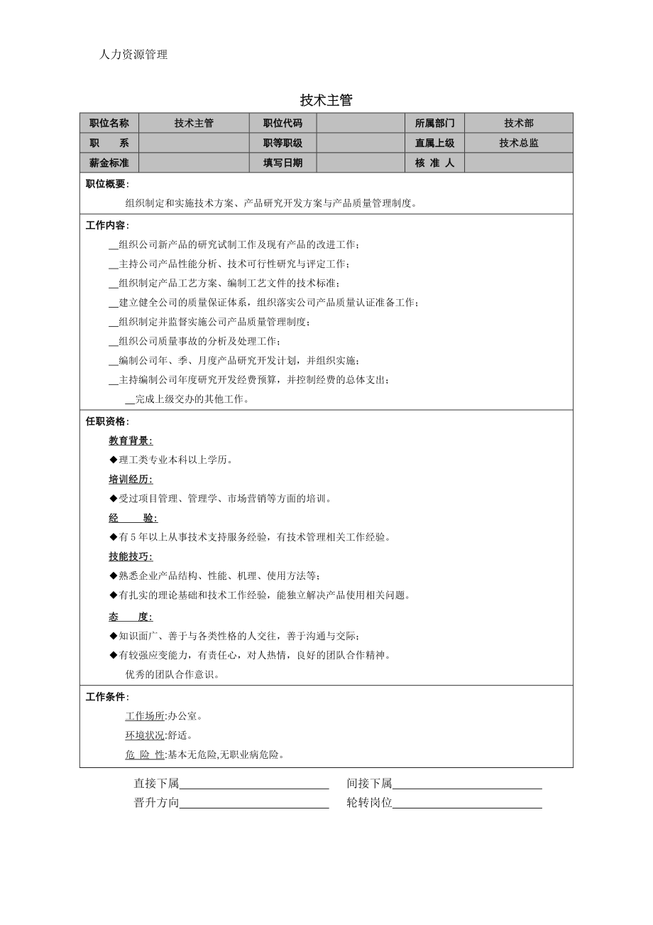 人力资源管理 企业管理 岗位说明 技术主管岗位职责.docx_第1页