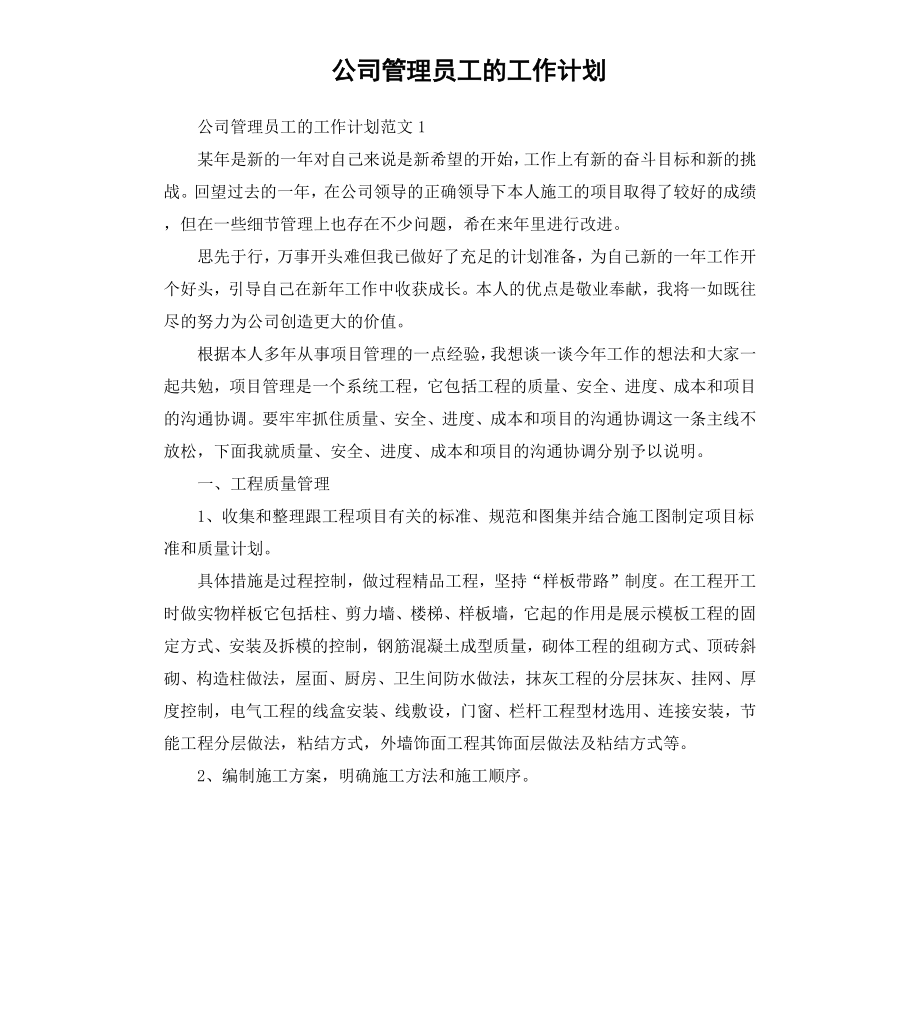 公司管理员工的工作计划.docx_第1页