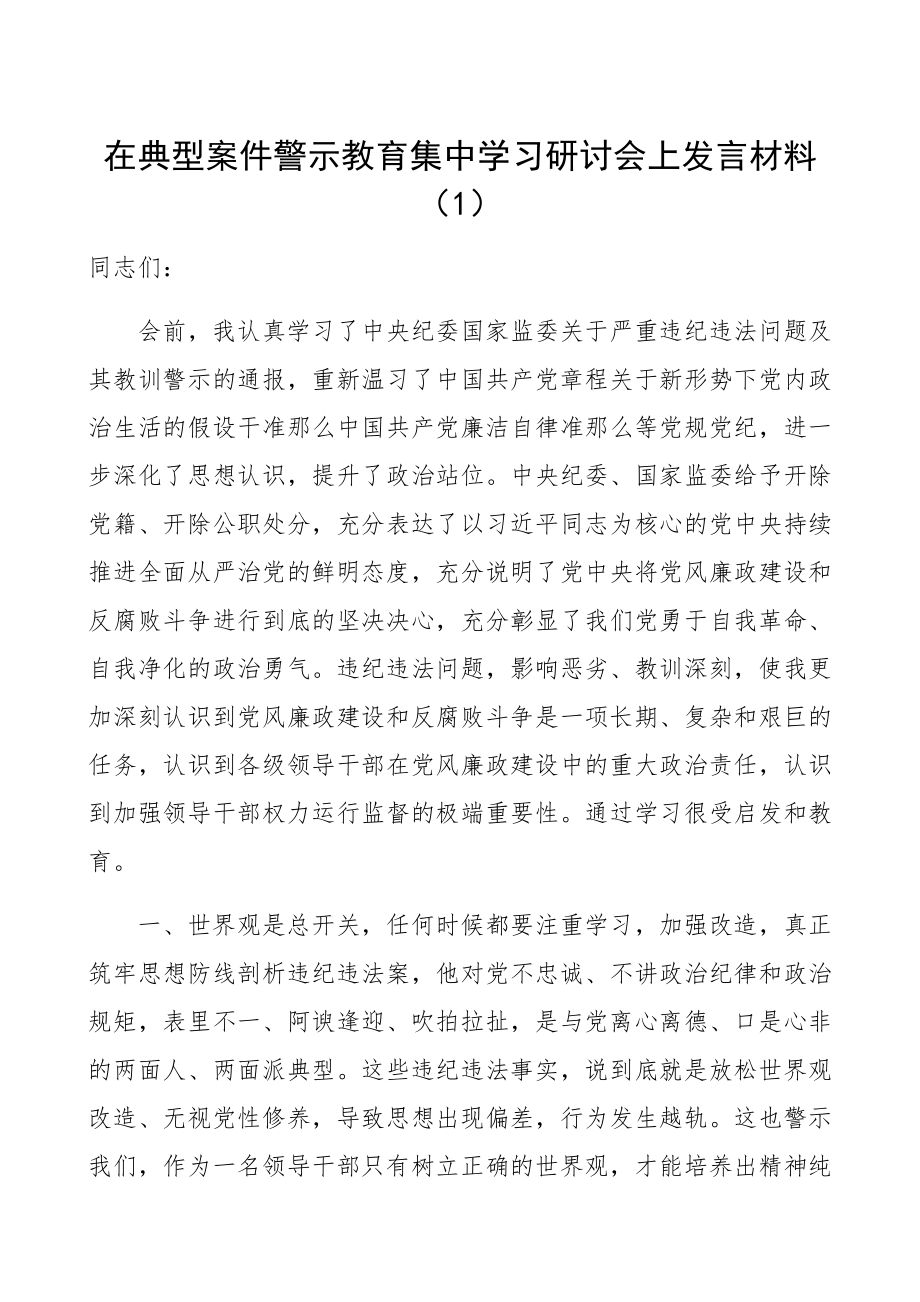 在2023年典型案件警示教育集中学习研讨会上发言材料精编.docx_第1页