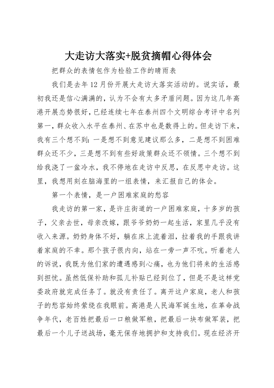 2023年大走访大落实+脱贫摘帽心得体会新编.docx_第1页