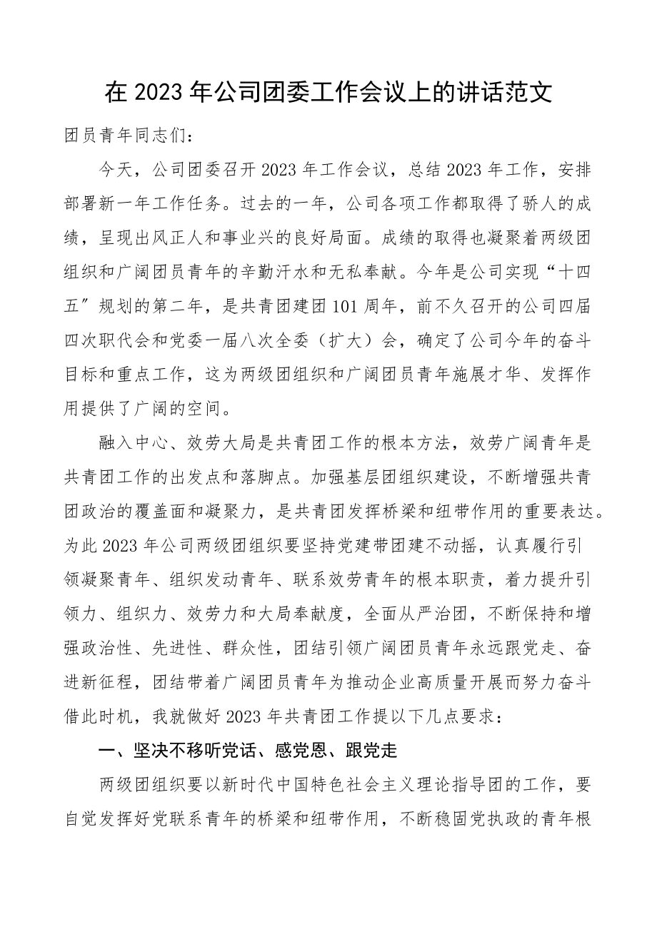 2023年公司团委工作会议上的讲话集团企业共青团.docx_第1页