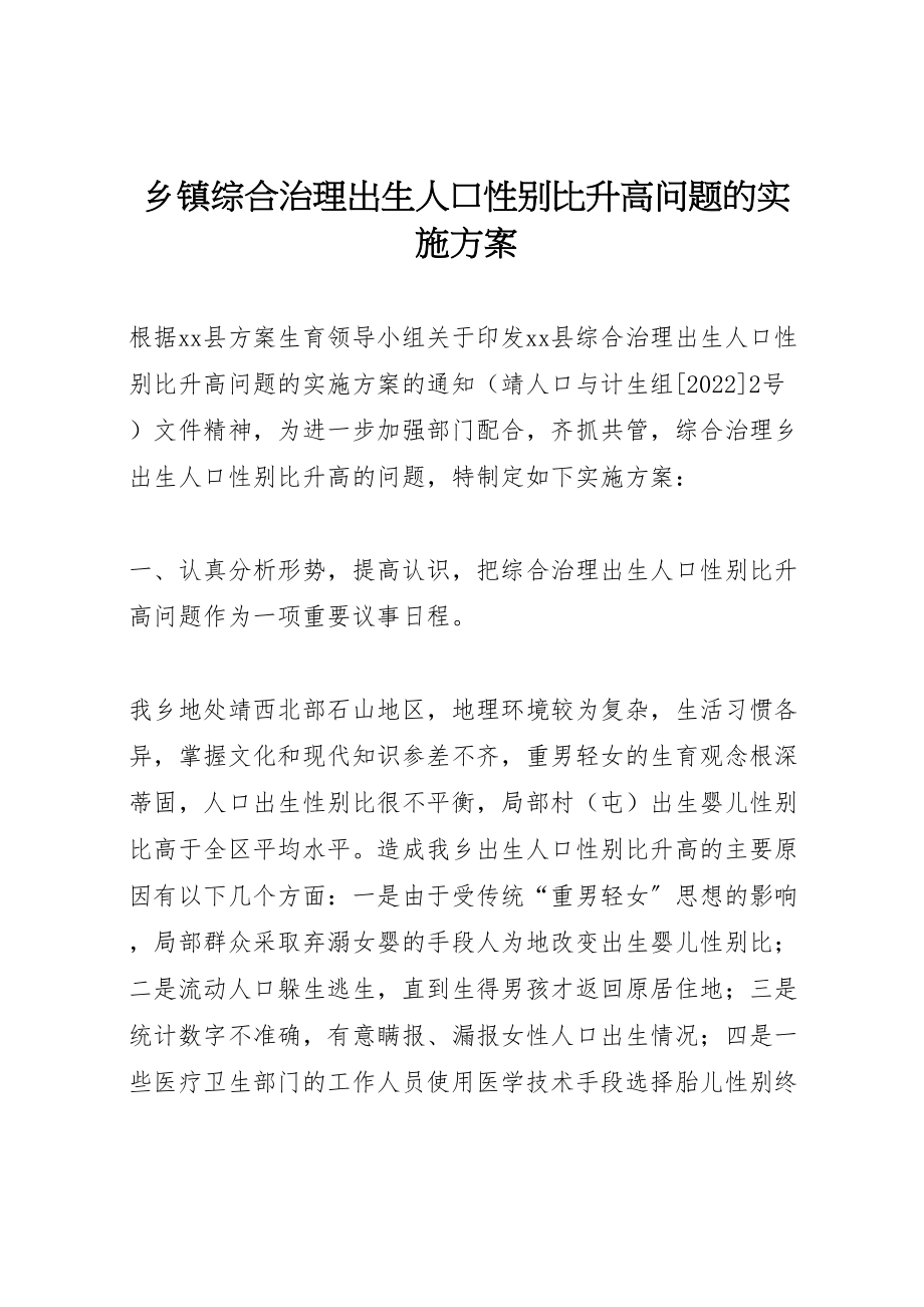 2023年乡镇综合治理出生人口性别比升高问题的实施方案.doc_第1页