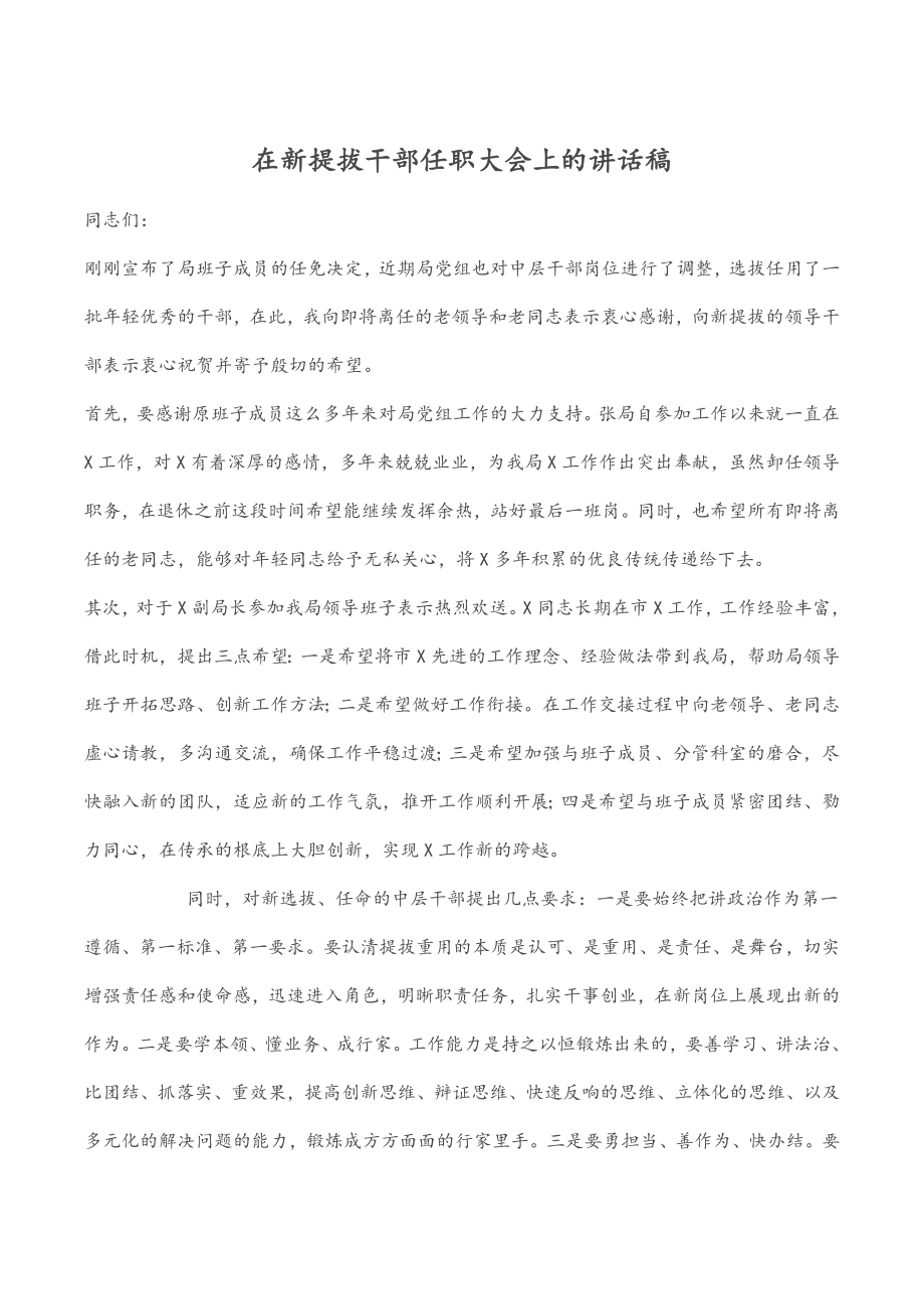 在新提拔干部任职大会上的讲话稿.docx_第1页