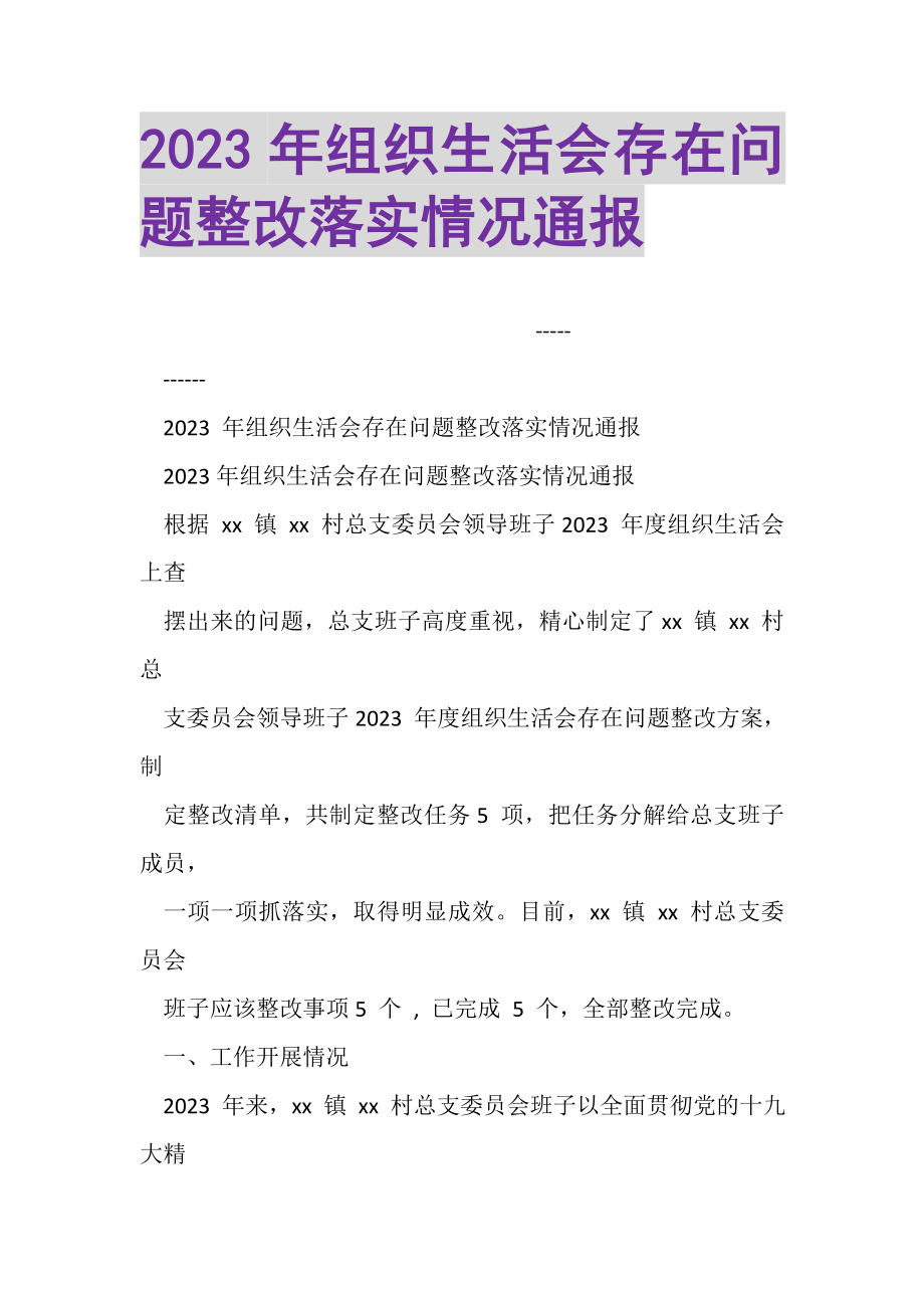 2023年组织生活会存在问题整改落实情况通报.doc_第1页