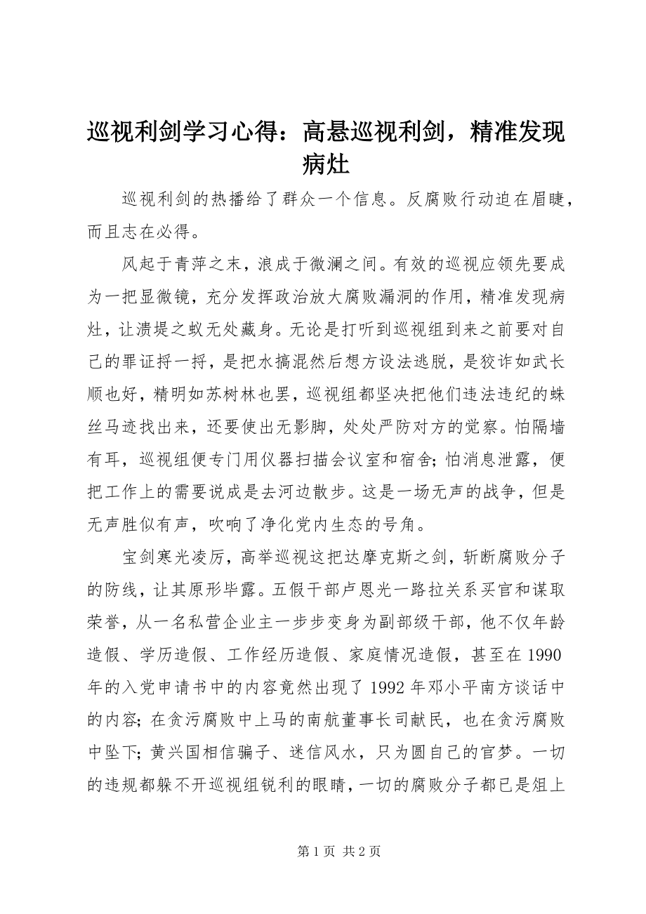 2023年《巡视利剑》学习心得高悬巡视利剑精准发现病灶.docx_第1页