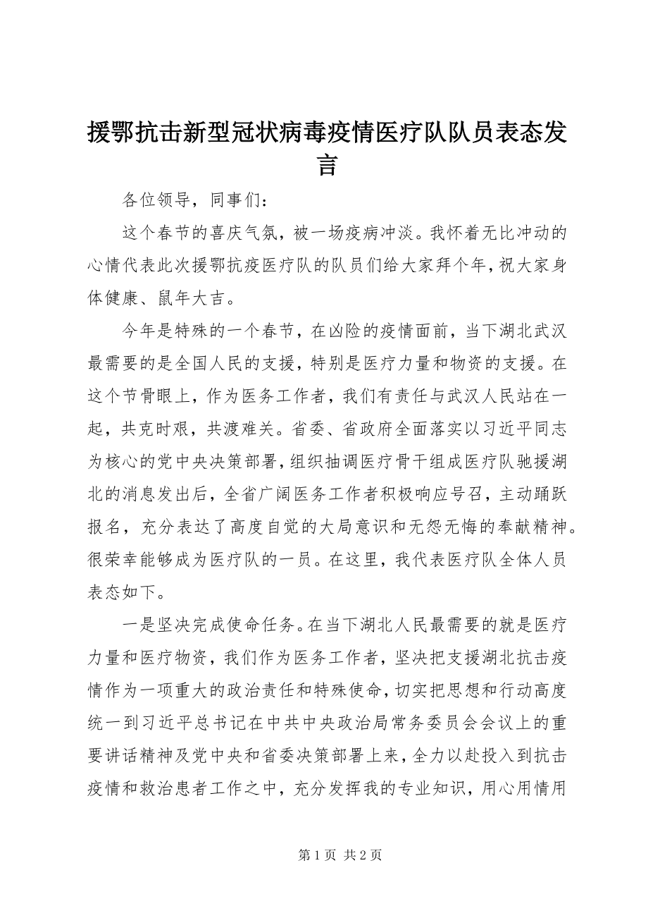 2023年援鄂抗击新型冠状病毒疫情医疗队队员表态讲话.docx_第1页