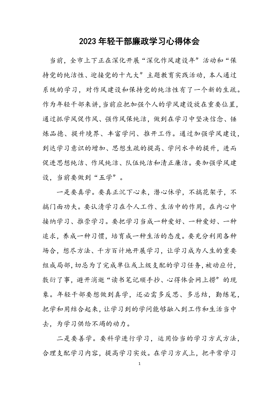 2023年年轻干部廉政学习心得体会.docx_第1页