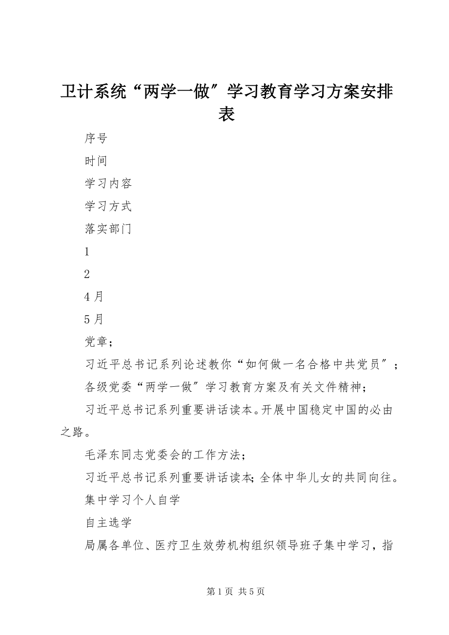 2023年卫计系统“两学一做”学习教育学习计划安排表.docx_第1页