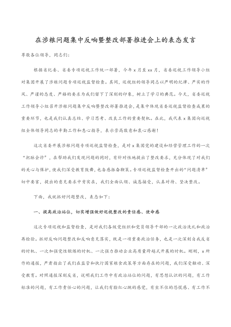 在涉粮问题集中反馈暨整改部署推进会上的表态发言.docx_第1页