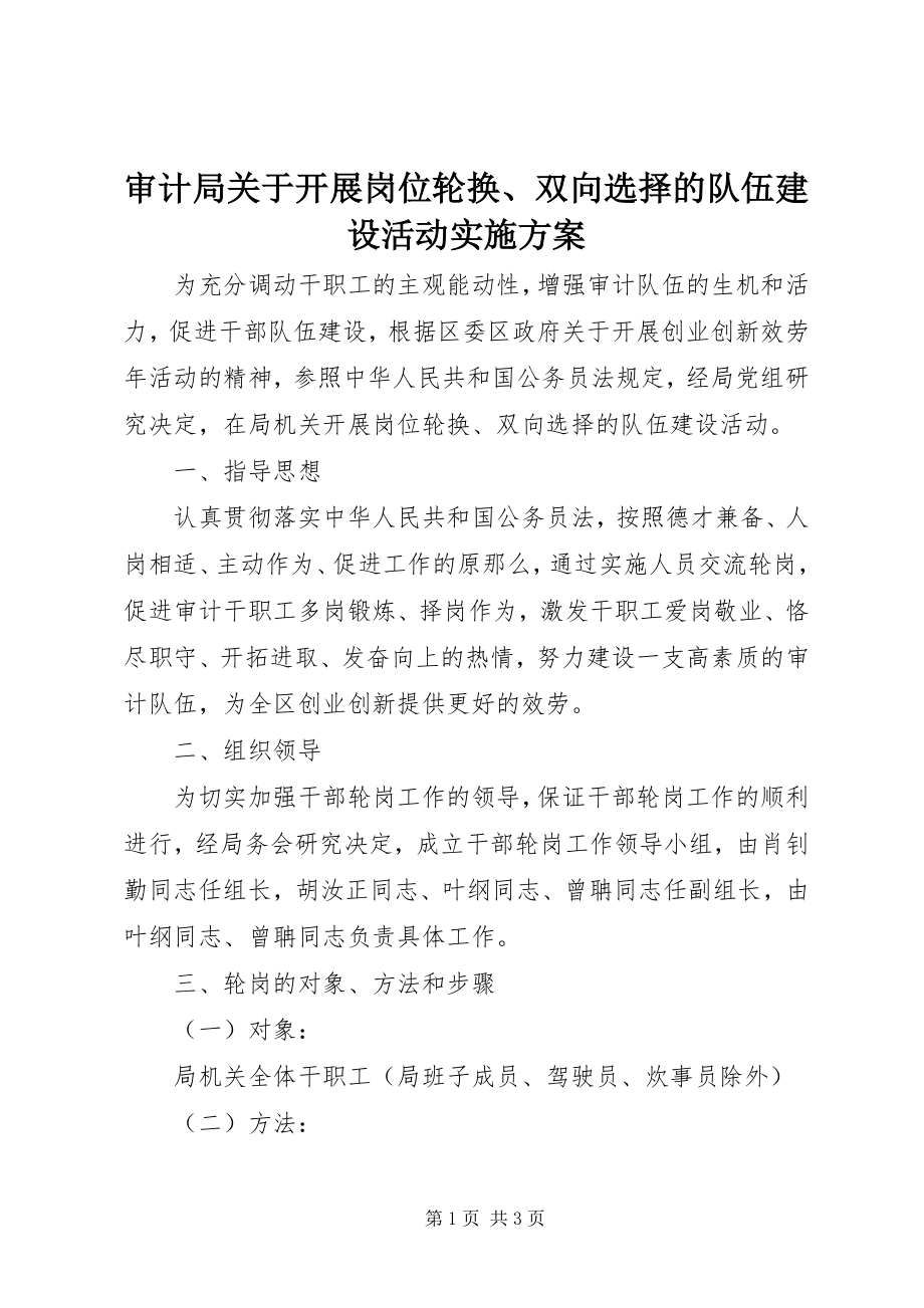 2023年审计局开展岗位轮换双向选择的队伍建设活动实施方案.docx_第1页