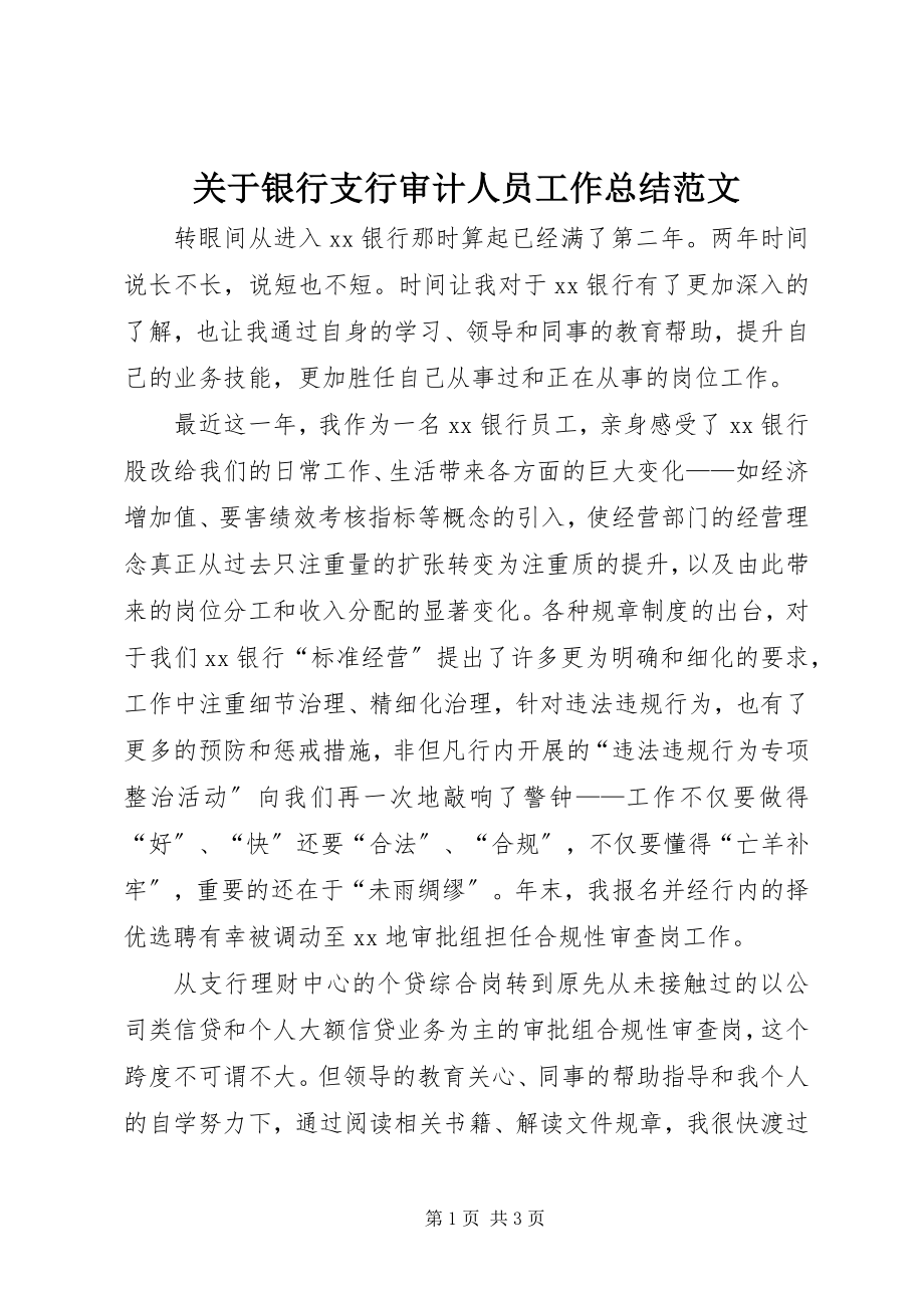 2023年银行支行审计人员工作总结.docx_第1页