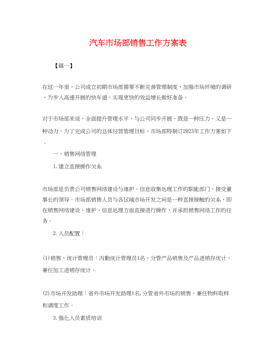 2023年汽车市场部销售工作计划表.docx_第1页