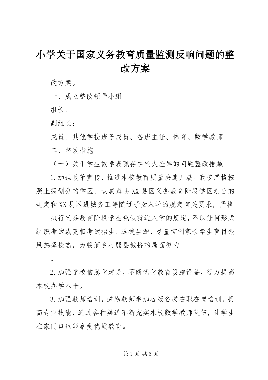 2023年小学关于国家义务教育质量监测反馈问题的整改方案.docx_第1页