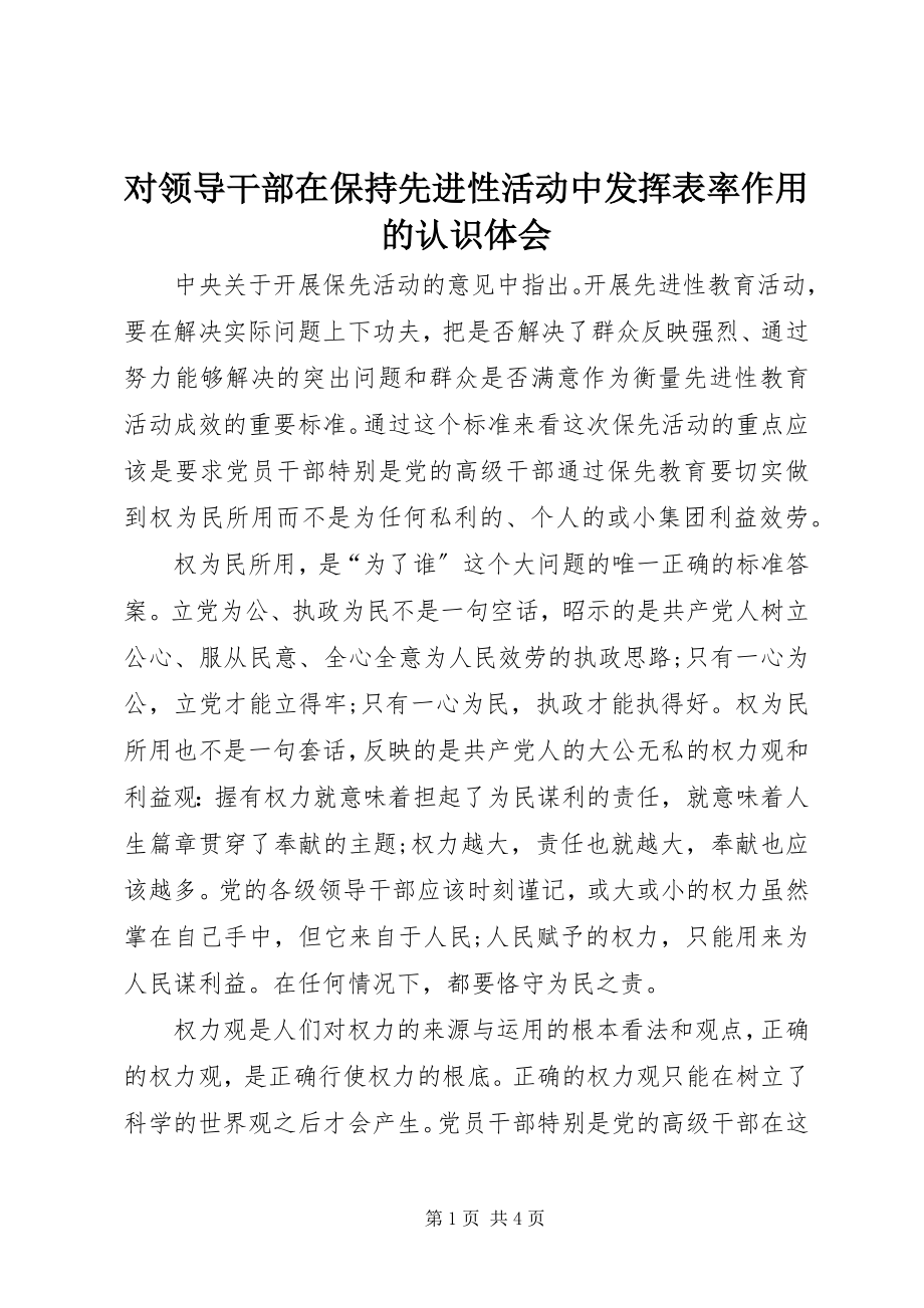 2023年对领导干部在保持先进性活动中发挥表率作用的认识体会.docx_第1页