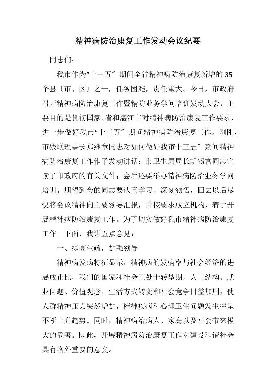 2023年精神病防治康复工作动员会议纪要.docx_第1页