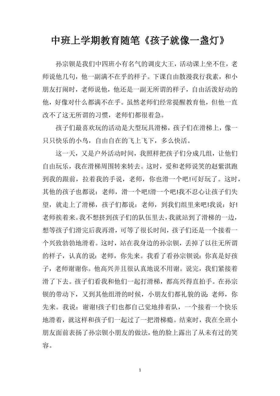 中班上学期教育随笔《孩子就像一盏灯》.doc_第1页