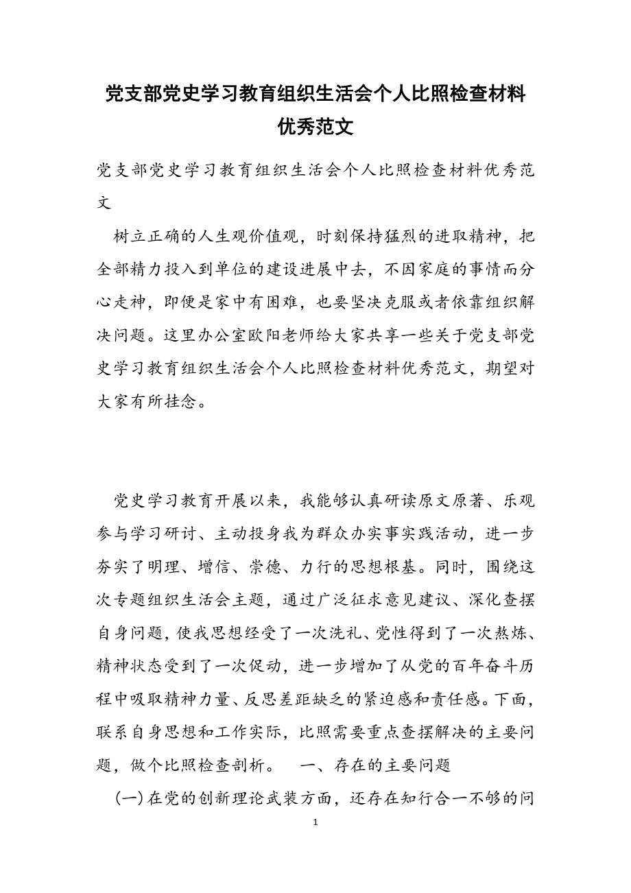 2023年党支部党史学习教育组织生活会个人对照检查材料优秀.doc_第1页