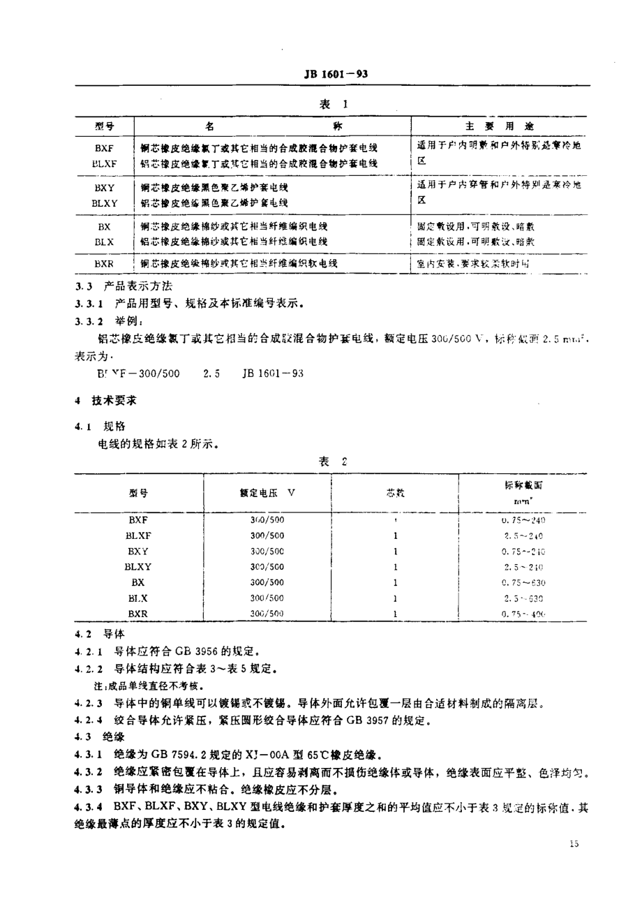 JB 1601-1993 额定电压300-500V橡皮绝缘固定敷设电线.pdf_第2页