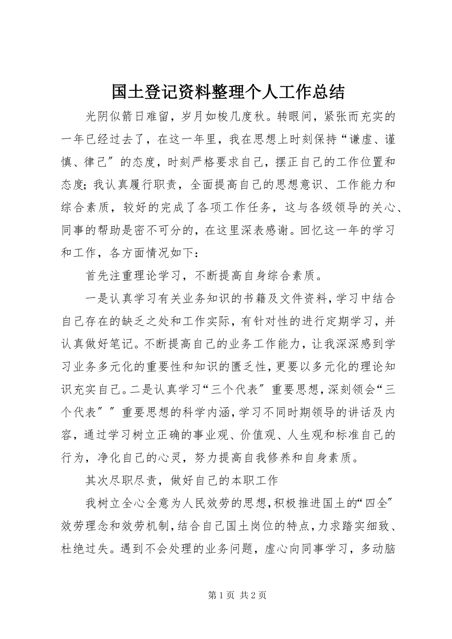 2023年国土登记资料整理个人工作总结新编.docx_第1页