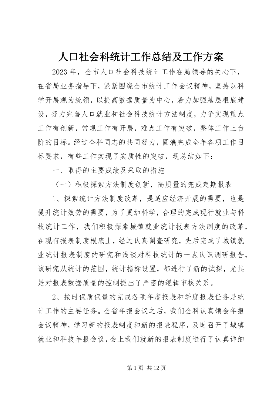 2023年人口社会科统计工作总结及工作计划.docx_第1页