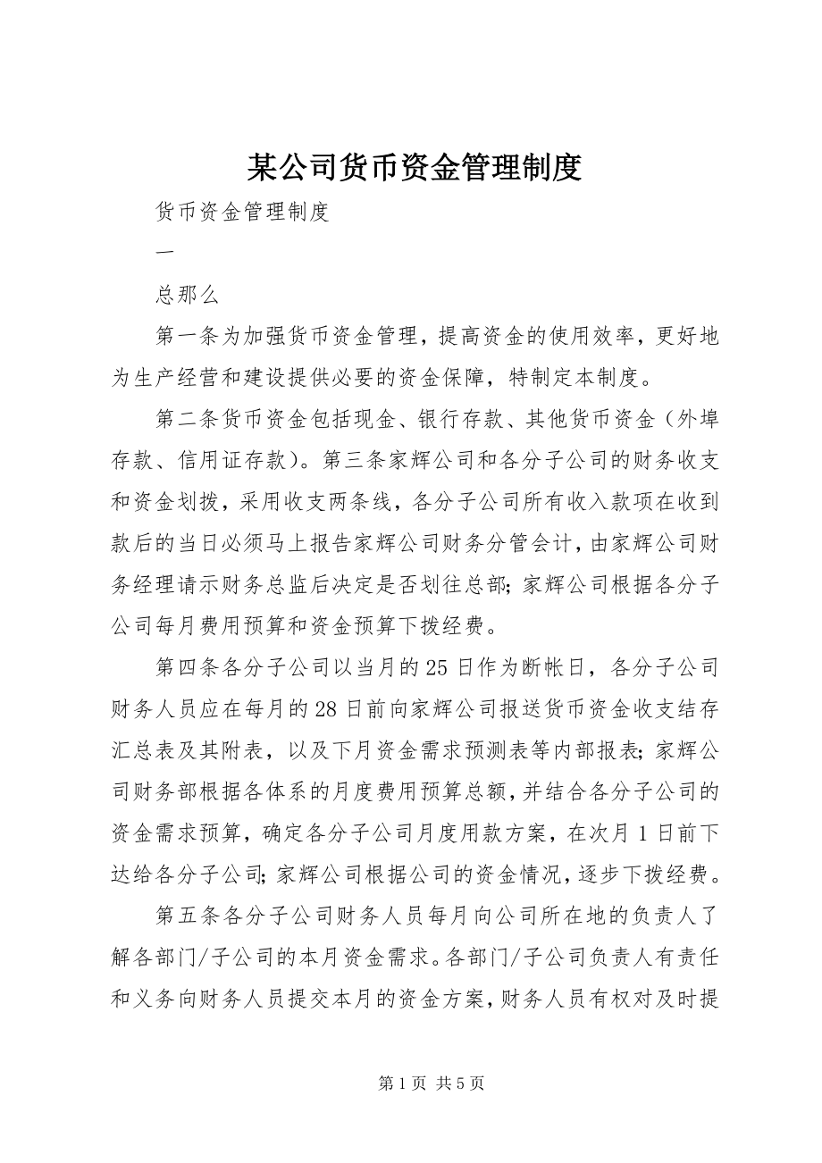 2023年某公司货币资金管理制度.docx_第1页