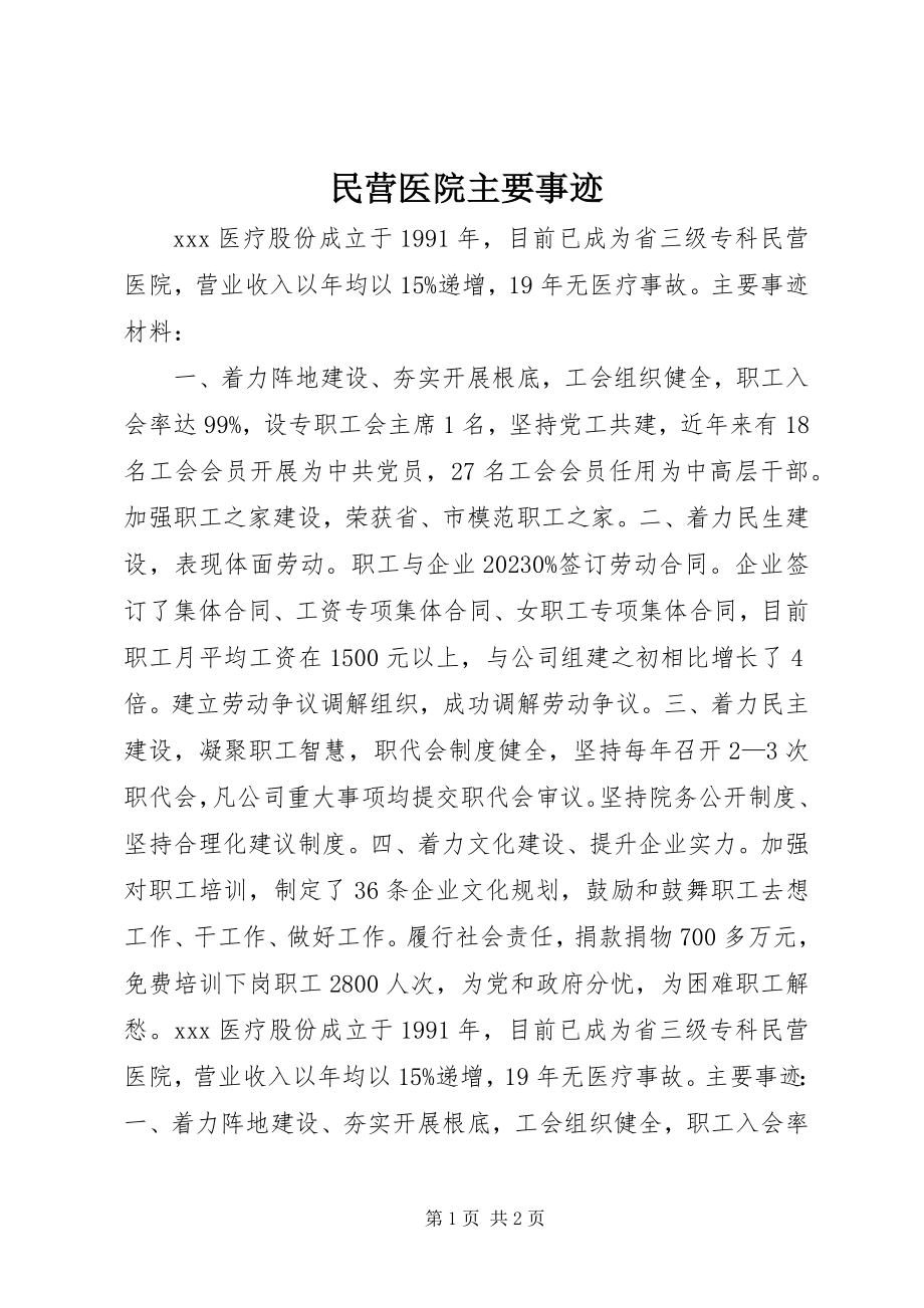 2023年民营医院主要事迹.docx_第1页