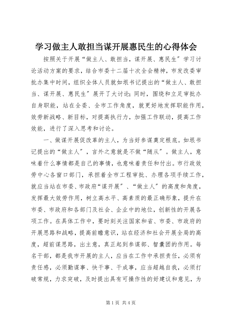 2023年学习做主人敢担当谋发展惠民生的心得体会.docx_第1页