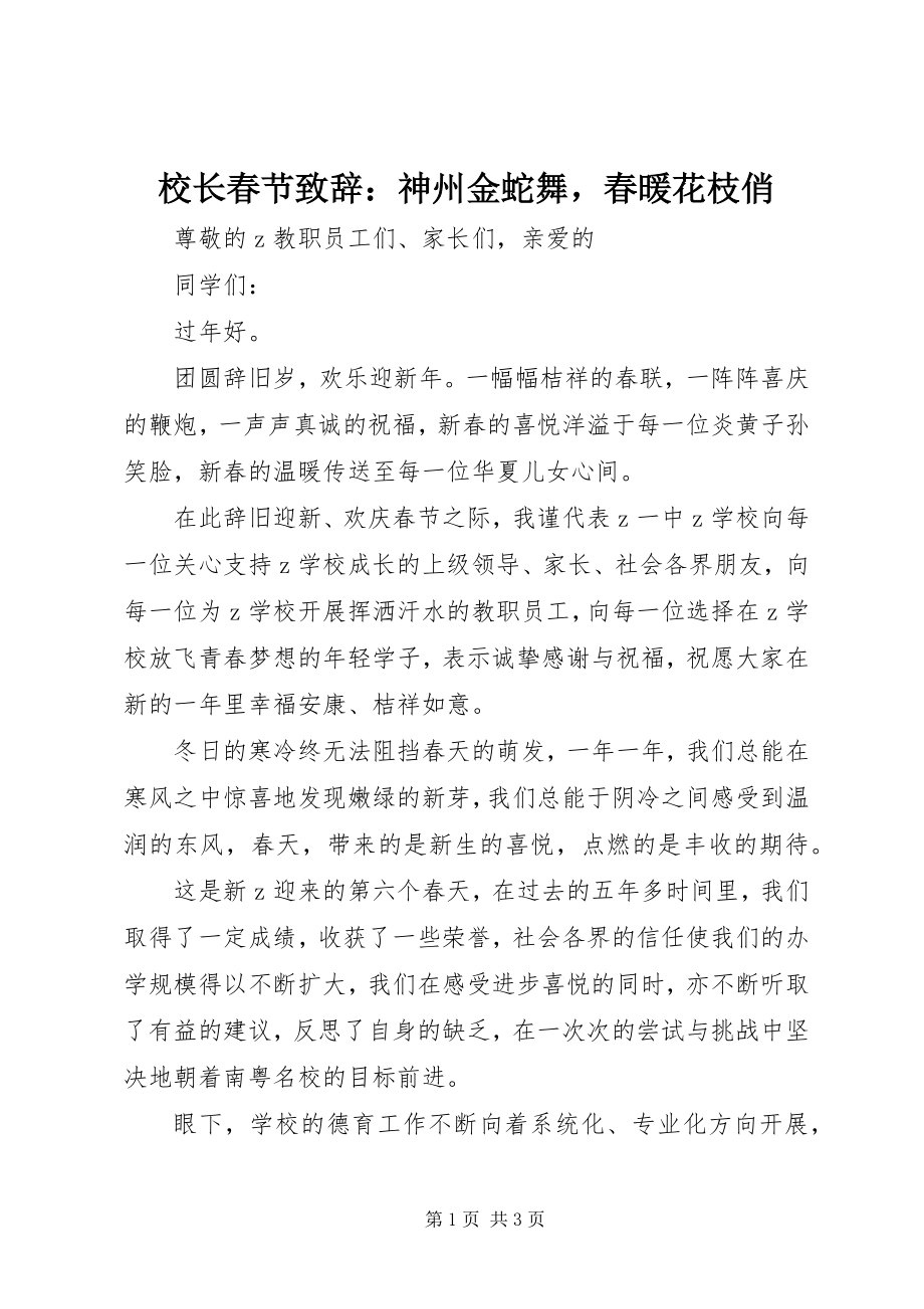 2023年校长春节致辞神州金蛇舞春暖花枝俏.docx_第1页