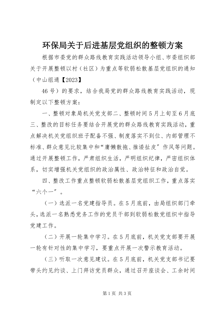 2023年环保局关于后进基层党组织的整顿方案.docx_第1页