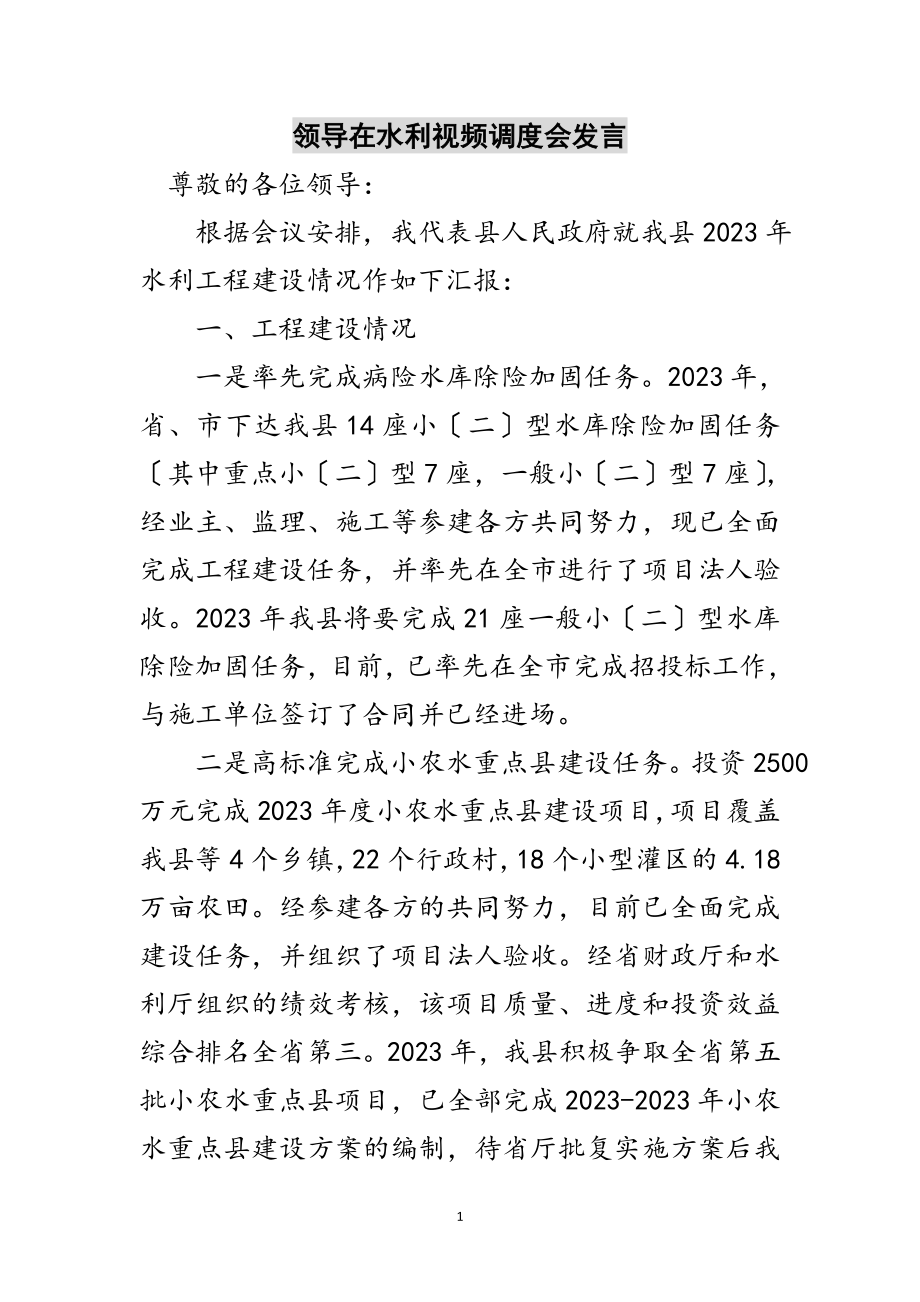 2023年领导在水利视频调度会发言范文.doc_第1页