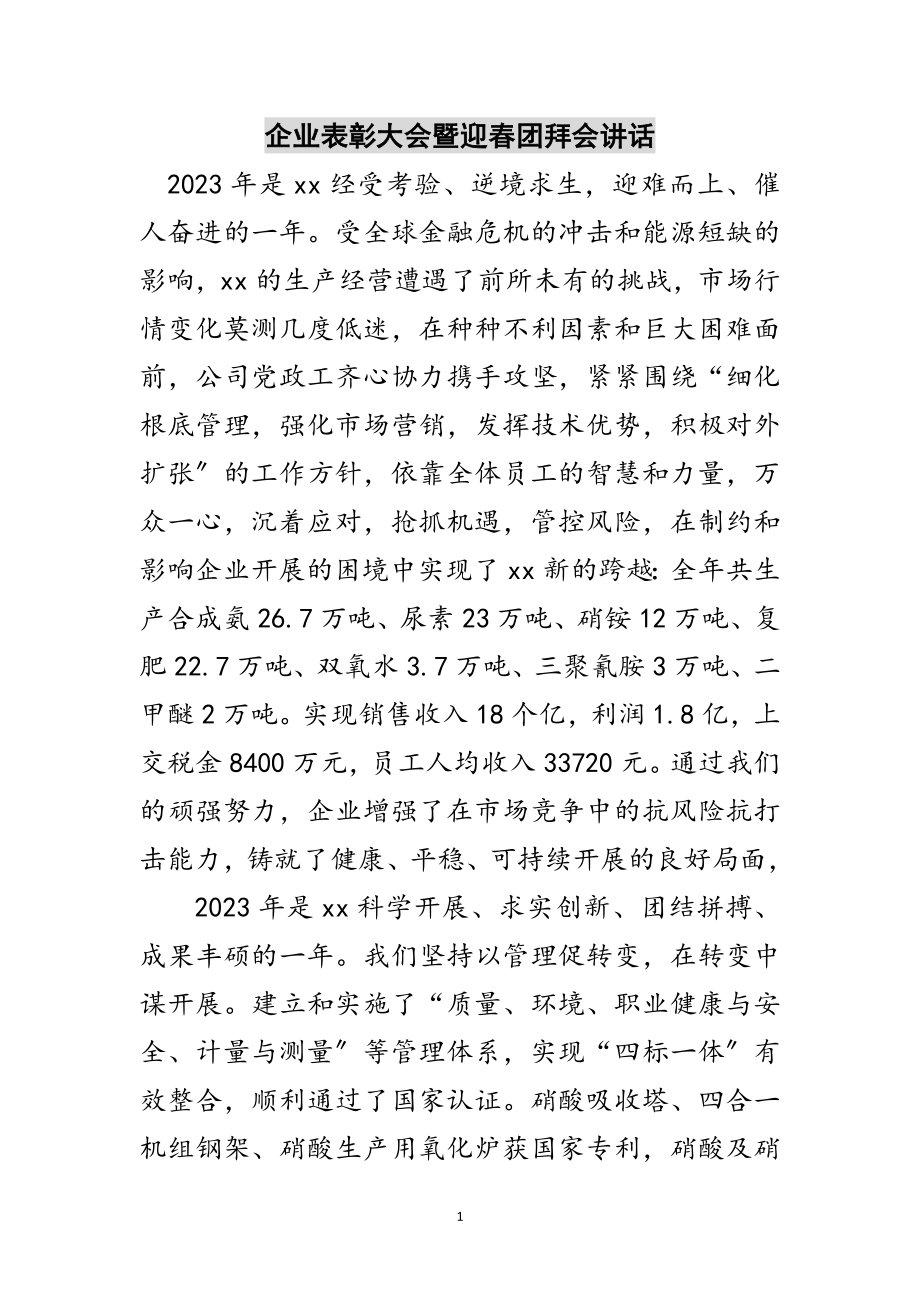 2023年企业表彰大会暨迎春团拜会讲话范文.doc_第1页