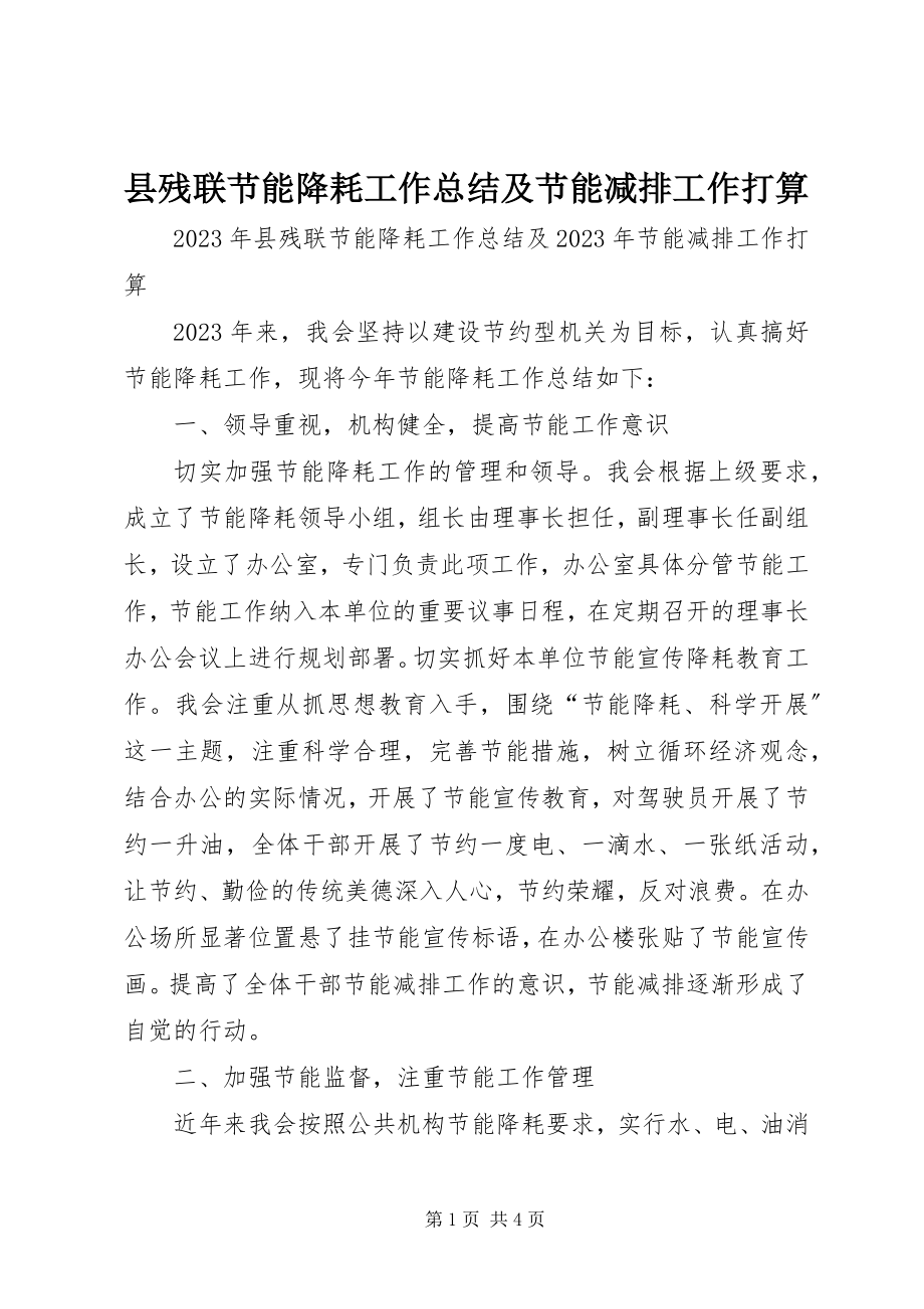 2023年县残联节能降耗工作总结及节能减排工作打算.docx_第1页