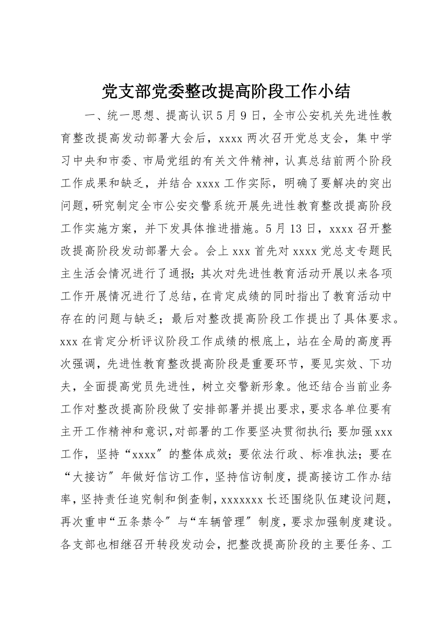 2023年党支部党委整改提高阶段工作小结.docx_第1页