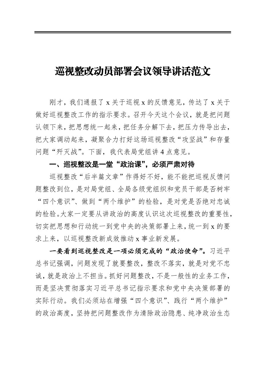 ‍巡视整改动员部署会议领导讲话范文.docx_第1页