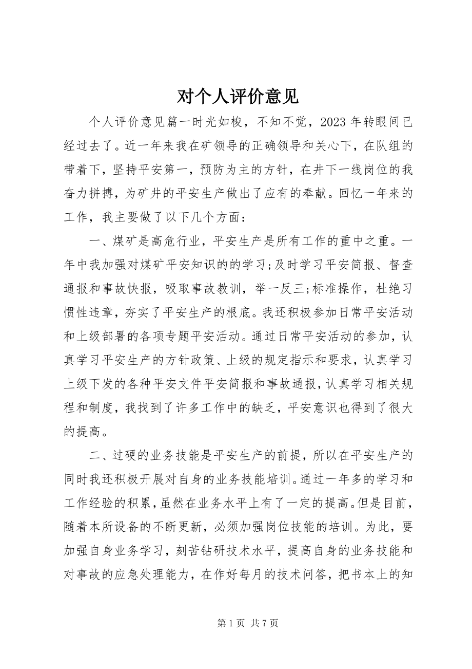 2023年对个人评价意见.docx_第1页