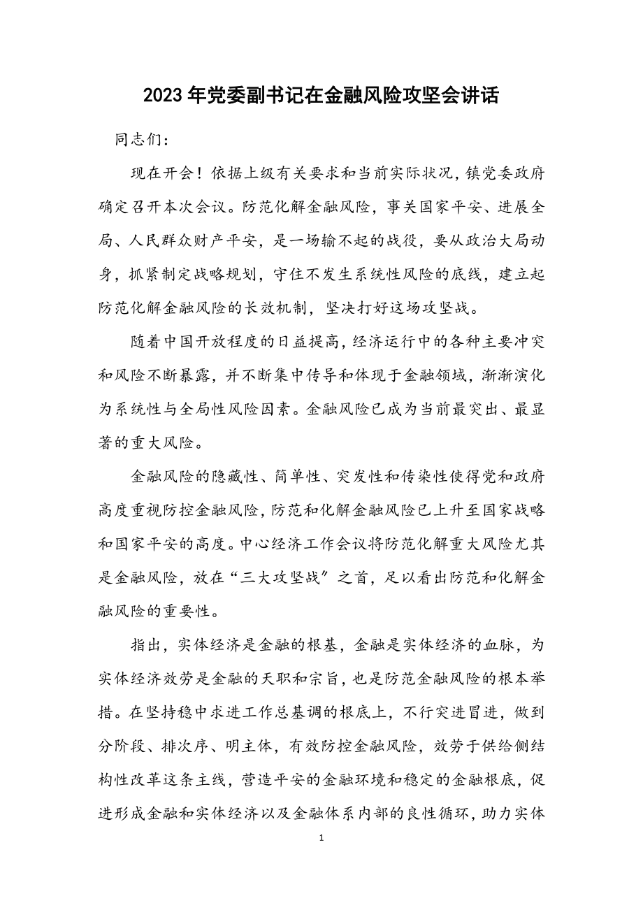 2023年党委副书记在金融风险攻坚会讲话.docx_第1页