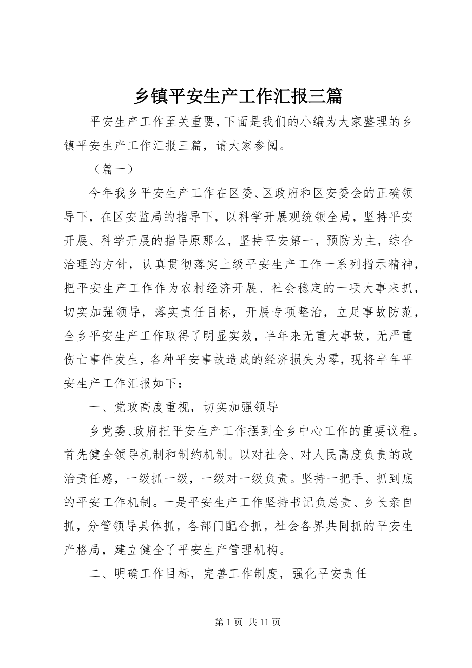 2023年乡镇安全生产工作汇报三篇.docx_第1页