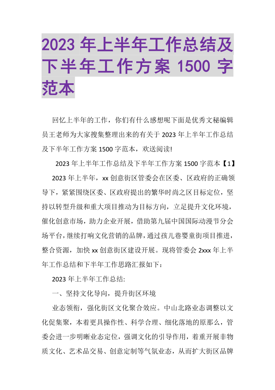 2023年上半年工作总结及下半年工作计划1500字范本.doc_第1页