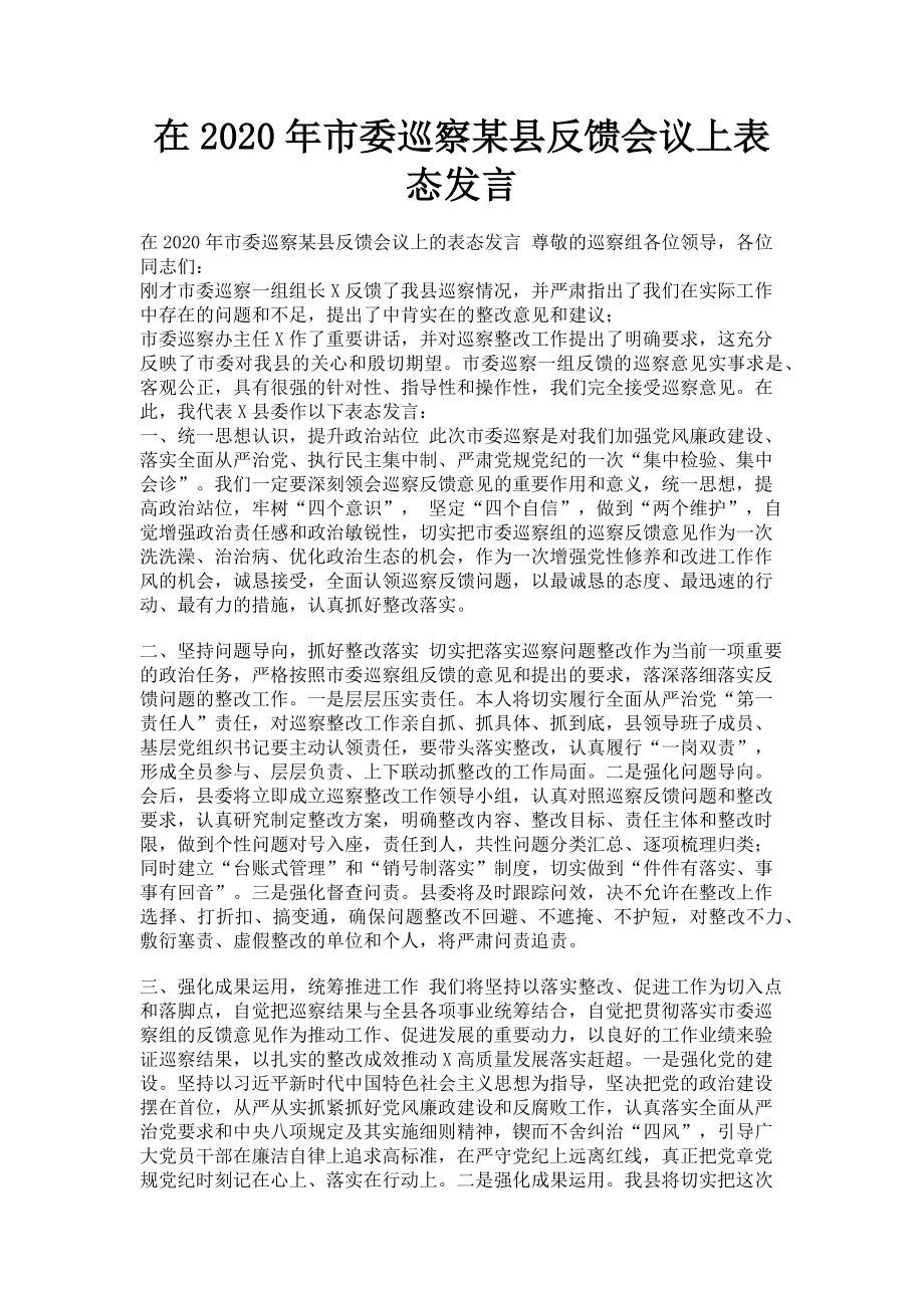 2023年在市委巡察某县反馈会议上表态发言.doc_第1页