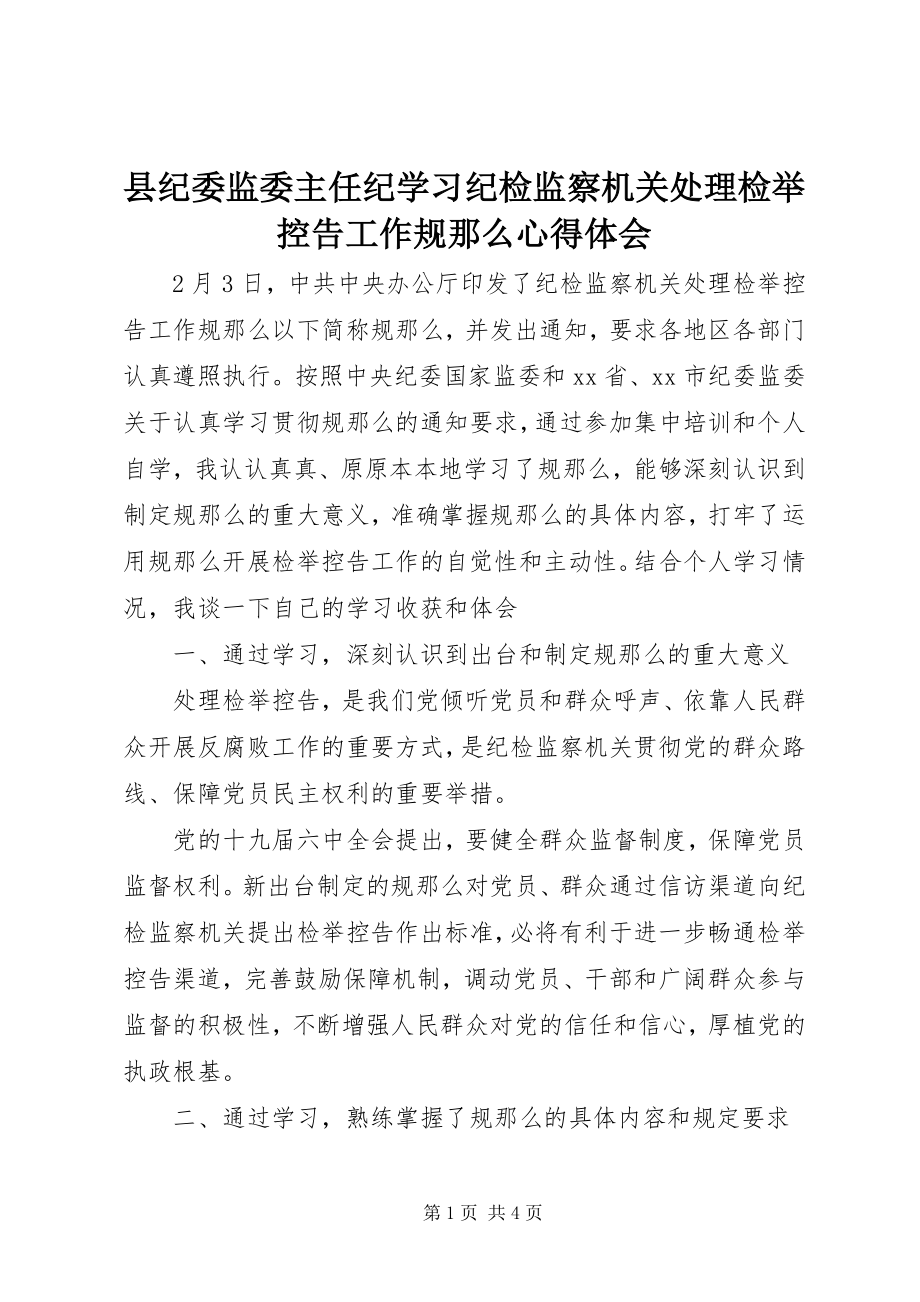 2023年县纪委监委主任纪学习纪检监察机关处理检举控告工作规则心得体会.docx_第1页