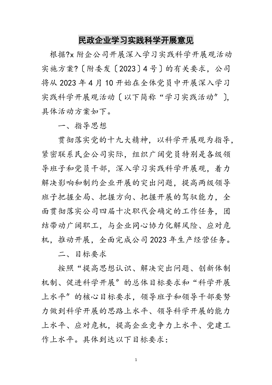 2023年民政企业学习实践科学发展意见范文.doc_第1页