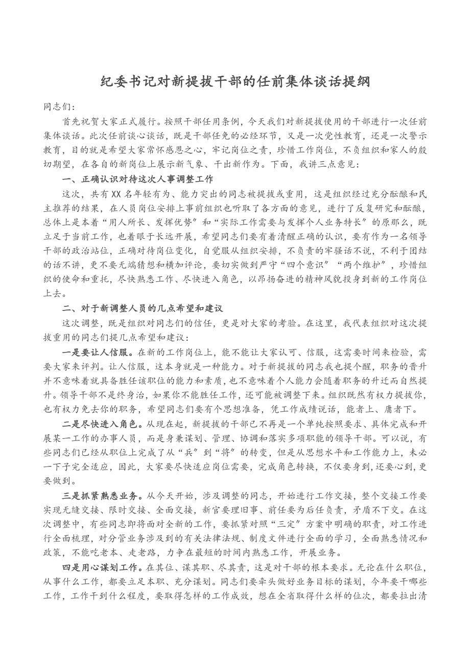 2023年纪委书记对新提拔干部的任前集体谈话提纲.docx_第1页