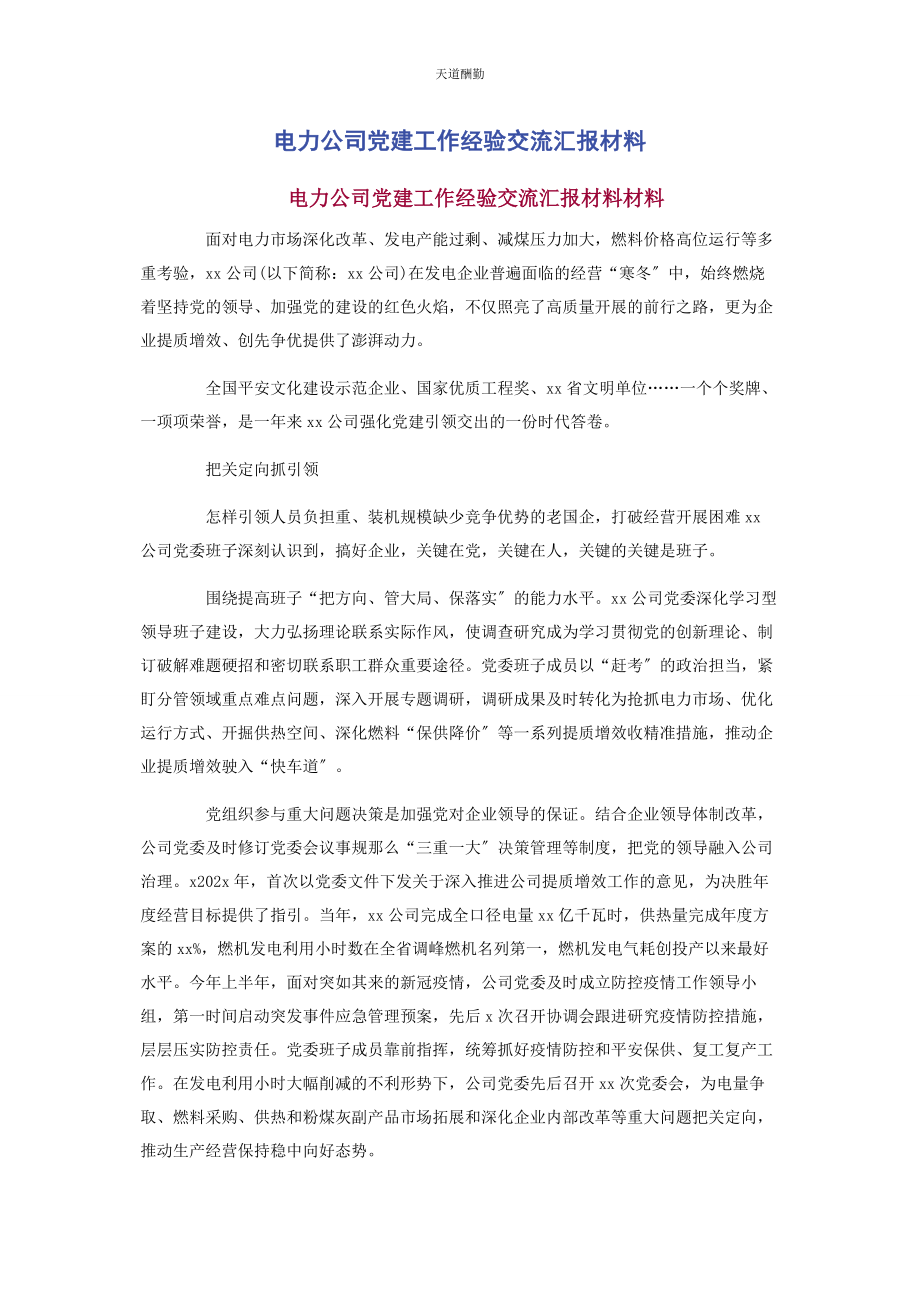 2023年电力公司党建工作经验交流汇报材料范文.docx_第1页