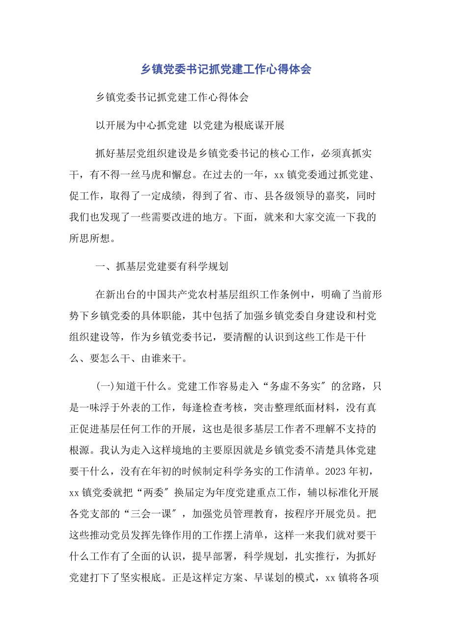 2023年乡镇党委书记抓党建工作心得体会.docx_第1页